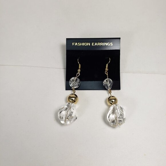 Clear Twisted Bead Drop Earrings w/ Gold tone Accent Modern Statement Dangle - Picture 5 of 10